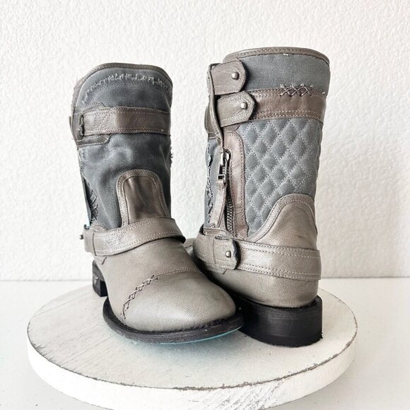 NEW Lane Boots Womens Gray Leather Canvas Mid-Calf Western Moto Style Zip Size 8 - Picture 1 of 13